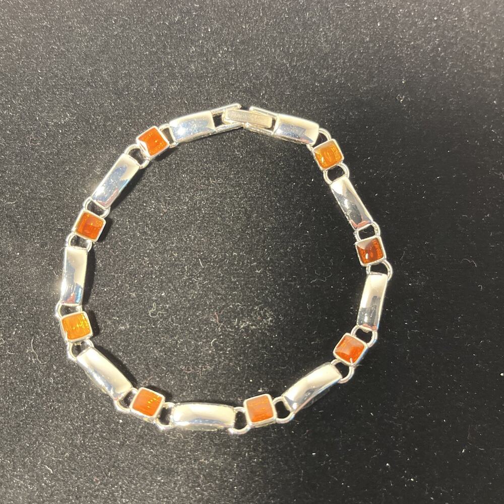 Silver Tone Rectangle & Square Amber Color Link Tennis Bracelet 7.5” Gently Use